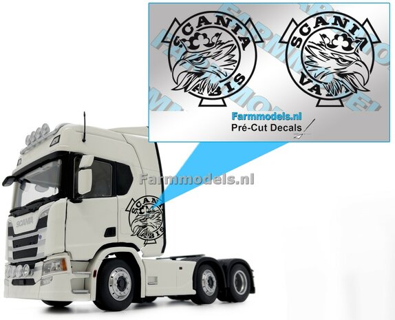 Scania Vabis - rond logo met screaming griffin - 2x ZWART op transparante FOLIE, 29 mm   Pr&eacute;-Cut Decals 1:32 Farmmodels.nl