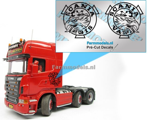 Scania Vabis - rond logo met screaming griffin - 2x ZWART op transparante FOLIE, 26 mm   Pr&eacute;-Cut Decals 1:32 Farmmodels.nl