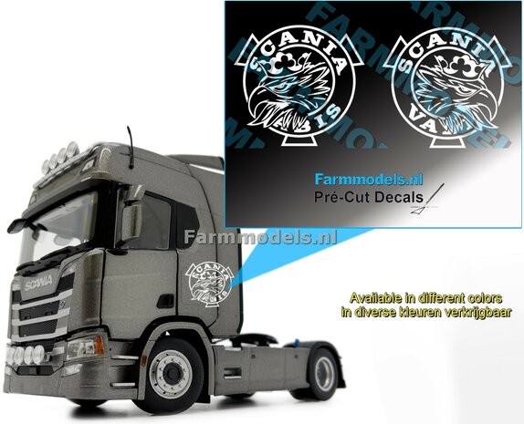 Scania Vabis - rond logo met screaming griffin - 2x WIT op transparante FOLIE, 26 mm   Pr&eacute;-Cut Decals 1:32 Farmmodels.nl