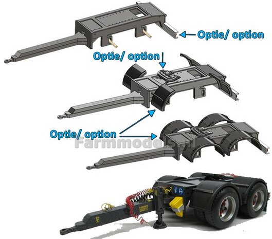 Tandemas dolly t.b.v. LZV (Lange Zware Voertuigen) vrachtwagen combinatie, passend o.a. onder de MarGe models trailers 1:32  (HTD)    