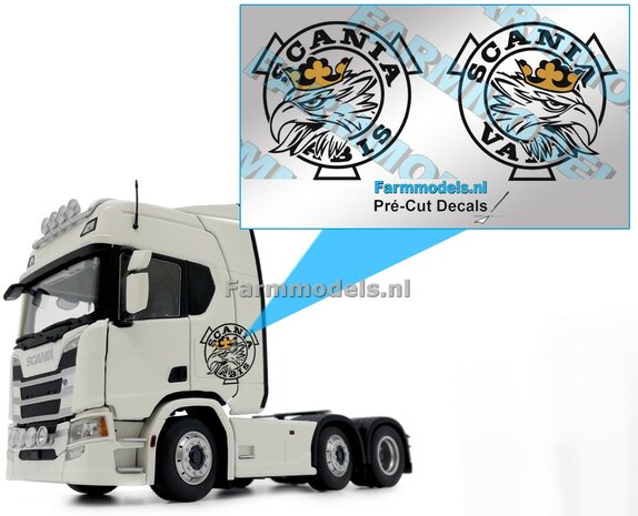 Scania Vabis - rond logo met screaming griffin - 2x ZWART met gouden kroon op transparante FOLIE, 26 mm   Pr&eacute;-Cut Decals 1:32 Farmmodels.nl