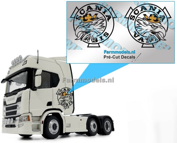 Scania Vabis - rond logo met screaming griffin - 2x ZWART met gouden kroon op transparante FOLIE, 29 mm   Pr&eacute;-Cut Decals 1:32 Farmmodels.nl