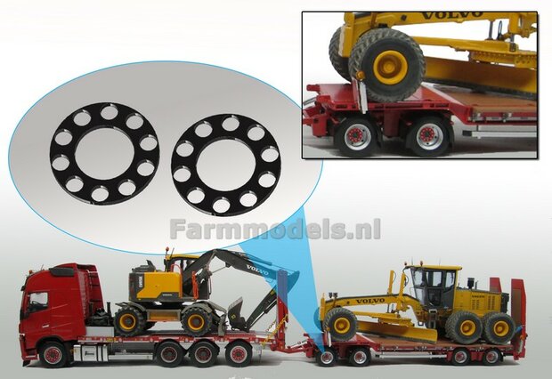 2x Antraciet gespoten velgringen &Oslash; 8.25 mm t.b.v. div. trailers en diepladers: o.a. Agri Collectabels Nooteboom  1:32  