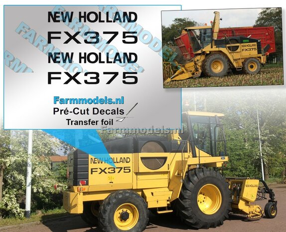 2 Stickers New Holland FX375 uit zwarte folie 37 mm Pr&eacute;-Cut Decals (met applicatie folie)  1:32 Farmmodels.nl 