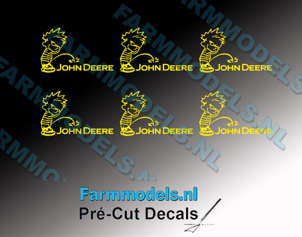 6x Ok&eacute; Calvin 10mm hoog V1 GEEL +John Deere tekst in GEEL, stickers op Transparant Pr&eacute;-Cut Decals 1:32 Farmmodels.nl 