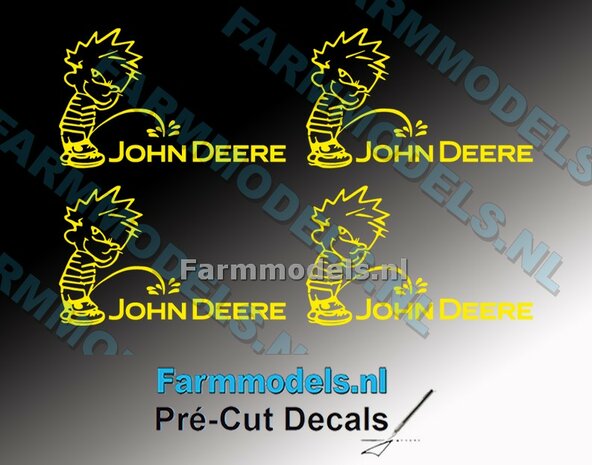 4x Ok&eacute; Calvin 15mm hoog V1 GEEL + John Deere tekst in GEEL, stickers op Transparant Pr&eacute;-Cut Decals 1:32 Farmmodels.nl 