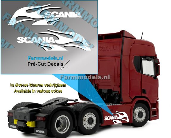 Scania logo met Vlammen WIT op TRANSPARANTE FOLIE 12 x 42mm   Pr&eacute;-Cut Decals 1:32 Farmmodels.nl