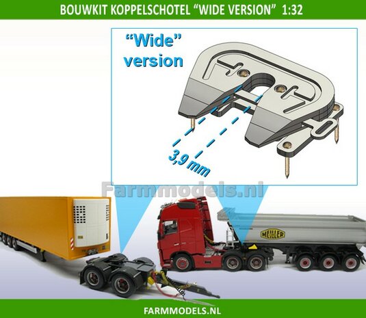 Koppelschotel BOUWKIT Universeel, &quot;Wide&quot; uitvoering&quot;, echt werkend, geschikt voor MarGe Models King-Pin trailers en vrachtwagen Chassis 1:32 (HTD)