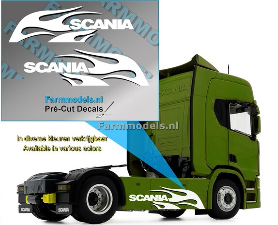 Scania logo met Vlammen WIT op TRANSPARANTE FOLIE 15 x 53mm   Pr&eacute;-Cut Decals 1:32 Farmmodels.nl