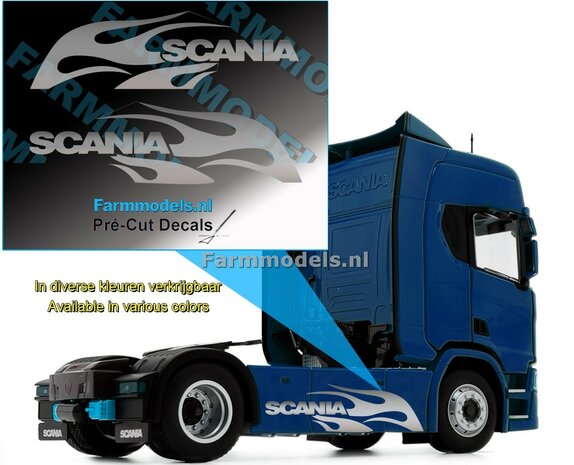 Scania + vlammen  ZILVER folie zonder schaduw 15 x 53mm   Pr&eacute;-Cut Decals 1:32 Farmmodels.nl
