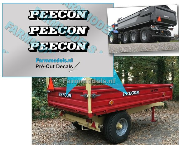 Peecon logo 3x met zwarte schaduw-outline, op TRANSPARANTE folie, 4 x 25 mm, Pr&eacute;-Cut Decals 1:32 Farmmodels.nl