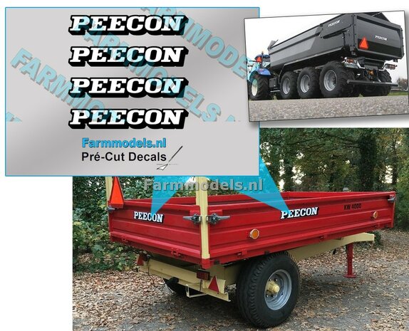 Peecon logo 4x met zwarte schaduw-outline, op TRANSPARANTE folie, 2,5 x 15 mm, Pr&eacute;-Cut Decals 1:32 Farmmodels.nl