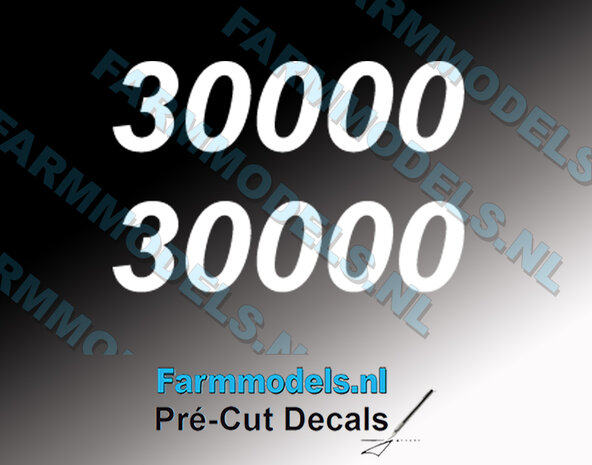 Peecon 30000 type nummer wit, 2x op TRANSPARANTE folie, 5,2 x 20,4 mm, Pr&eacute;-Cut Decals 1:32 Farmmodels.nl