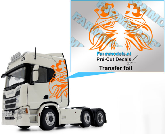 Scania griffioen - 2x uit ORANJE FOLIE, 60 mm  Pr&eacute;-Cut Decals met transfer folie 1:32 Farmmodels.nl