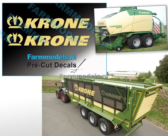 Krone logo met kroon. Cr&egrave;me-kleur op Transparante folie. 9 x 55 mm. Pr&eacute;-Cut Decals 1:32 Farmmodels.nl 