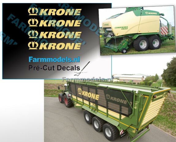 Krone logo met kroon. Cr&egrave;me-kleur op Transparante folie. 4 x 25 mm. Pr&eacute;-Cut Decals 1:32 Farmmodels.nl 