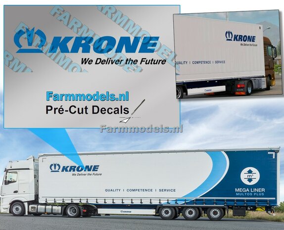 Krone logo met kroon en onderschrift tbv trailer. op Transparante folie. 2x logo 22 x 90 mm totaal. Pr&eacute;-Cut Decals 1:32 Farmmodels.nl 