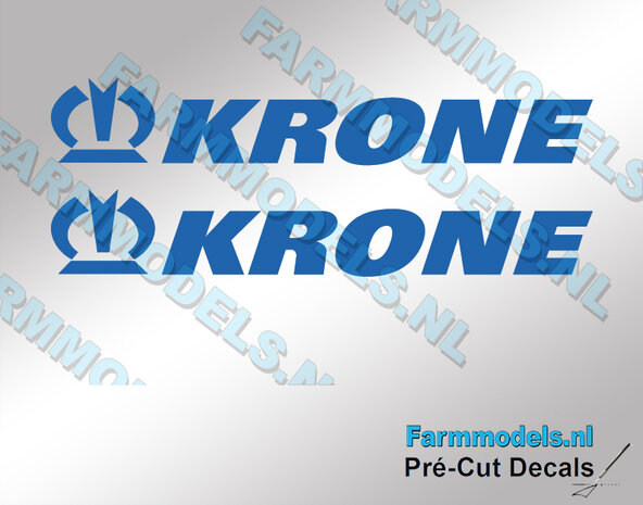 Krone logo met kroon. Blauwe-kleur op Transparante folie. 9 x 55 mm. Pr&eacute;-Cut Decals 1:32 Farmmodels.nl 