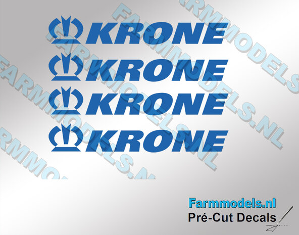 Krone logo met kroon. Blauwe-kleur op Transparante folie.  5,3 x 33 mm. Pr&eacute;-Cut Decals 1:32 Farmmodels.nl 