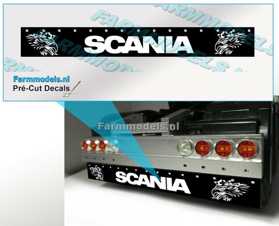 SCANIA Spatlapsticker tekst + eagle op ZWART MATT folie 10 x 79 mm breed Pr&eacute;-Cut Decals 1:32 Farmmodels.nl 
