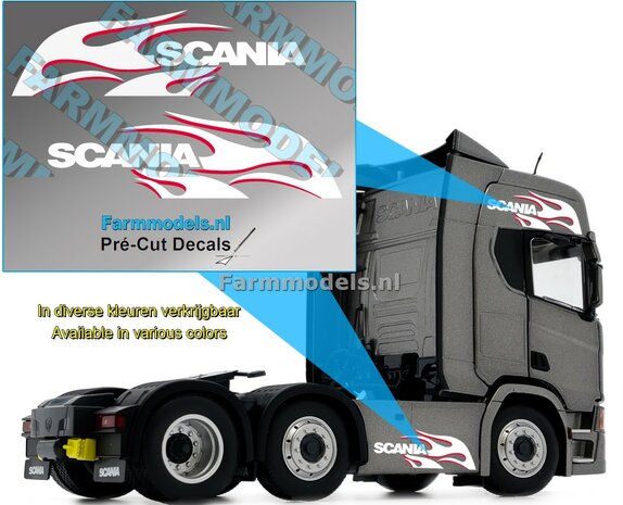 Scania tekst  + vlammen WIT/ROOD, 2x 12x42 mm  Transparante folie Pr&eacute;-Cut Decals  1:32 Farmmodels.nl