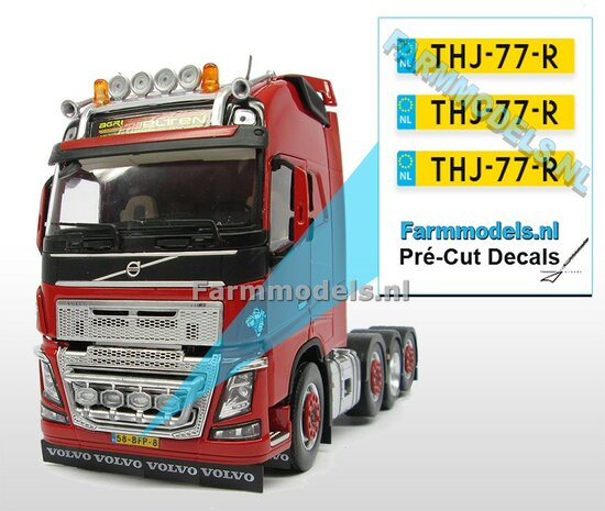 THJ77R  3x NL Kentekenplaatsticker op GELE folie Pr&eacute;-Cut Decals 1:32 Farmmodels.nl