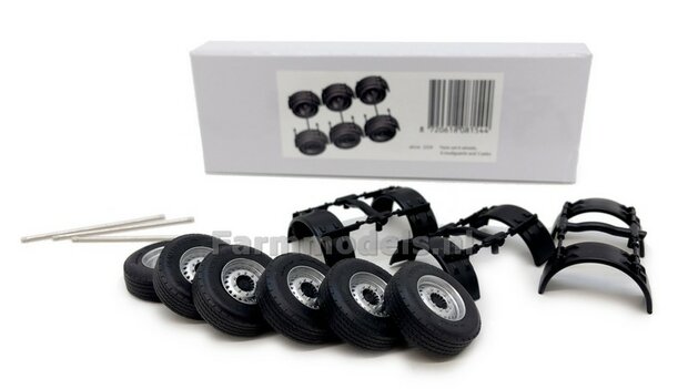 6x CONTINENTAL truck/ trailer bandenset  &Oslash; 33.6 x 11.5 mm, incl. 6x velgen en 6x spatborden en 3 assen, 1:32  MM2224  MarGe models 