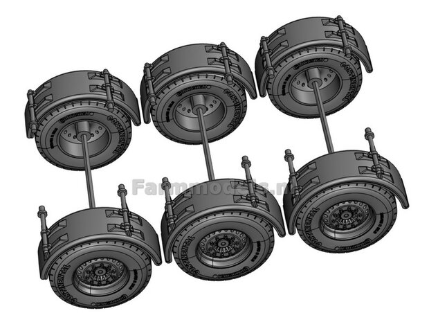 6x CONTINENTAL truck/ trailer bandenset  &Oslash; 33.6 x 11.5 mm, incl. 6x velgen en 6x spatborden en 3 assen, 1:32  MM2224  MarGe models 