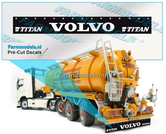 VOLVO TITAN Spatlapsticker 2x logo  ZWART MATTE folie 79 x 10mm breed Pr&eacute;-Cut Decals 1:32 Farmmodels.nl 