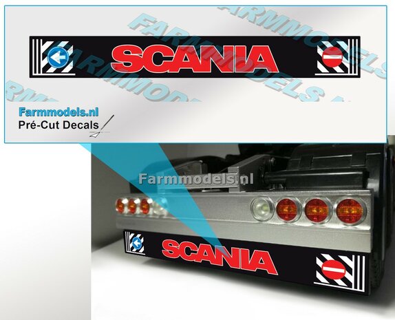 SCANIA ROOD/wit met borden Spatlapsticker op ZWART MATT folie 10 x 79 mm breed Pr&eacute;-Cut Decals 1:32 Farmmodels.nl 