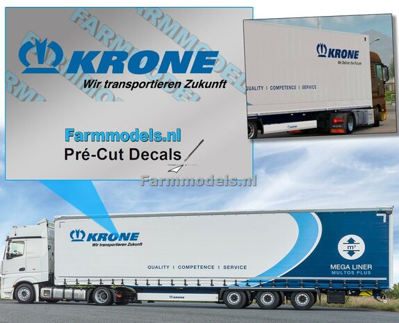 Krone logo met kroon en DUITS onderschrift tbv trailer. op Transparante folie. 2x logo 22 x 90 mm totaal. Pr&eacute;-Cut Decals 1:32 Farmmodels.nl 