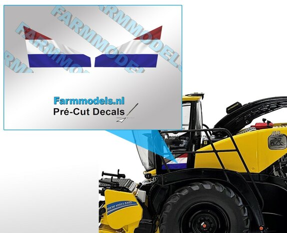 NEW HOLLAND NL VLAG Demo Tour tbv NH FR780 Hakselaar  Pr&eacute;-Cut Decals witte folie 1:32 schaal Farmmodels.nl