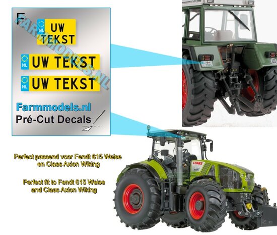 UW TEKST TYPE F  3x NL Kentekenplaatsticker  tbv o.a. Fendt 615 Weise en Claas Axion Wiking. Pr&eacute;-Cut Decals met uw opgegeven tekst 1:32 Farmmodels.nl