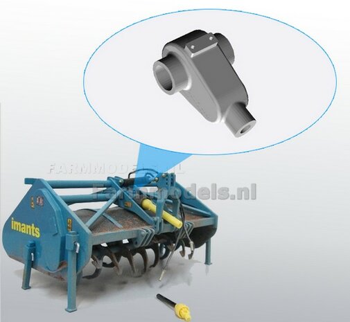 Tandwielkast 3D geprint t.b.v. T-verdeling aandrijving werktuig, bijv. Imants spitmachine 1:32