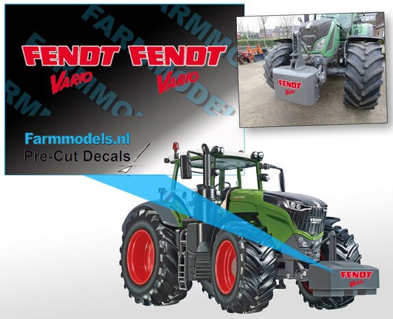 Fendt Frontgewicht LOGO+VARIO sticker. Rood+outline op transparante folie 15x8 mm Pr&eacute;-Cut-Decals-1:32-Farmmodels.nl