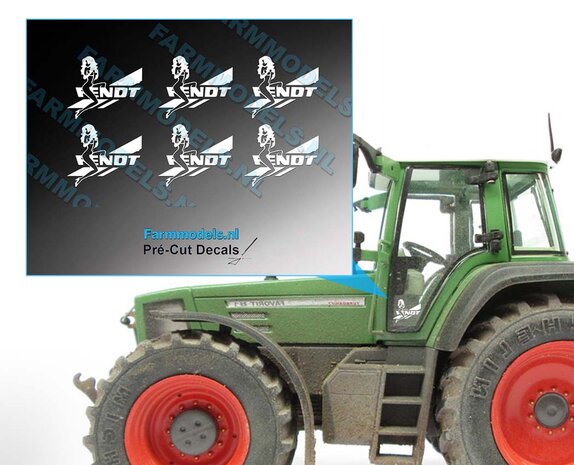 Fendt Logo met Vrouw, 6x wit op transparante folie  8,8 x 7,5 mm Pr&eacute;-Cut-Decals-1:32-Farmmodels.nl