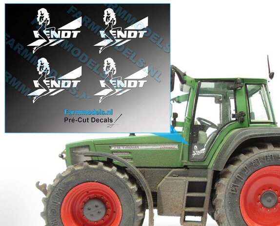 Fendt Logo met Vrouw, 4x wit op transparante folie  15 x 12,5 mm Pr&eacute;-Cut-Decals-1:32-Farmmodels.nl