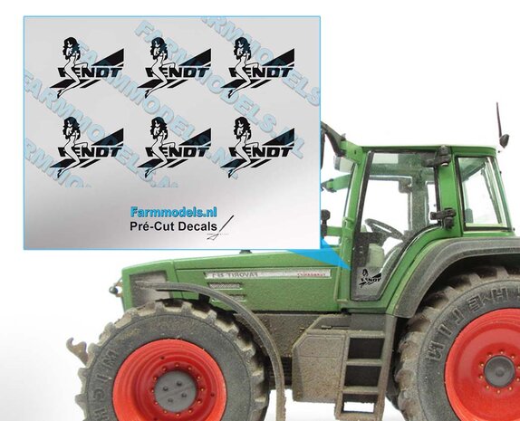 Fendt Logo met Vrouw, 6x zwart op transparante folie  8,8 x 7,5 mm Pr&eacute;-Cut-Decals-1:32-Farmmodels.nl