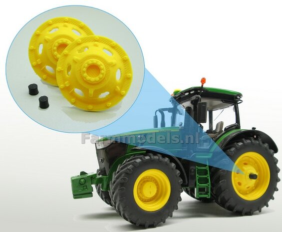 2x Wielkom t.b.v. John Deere 7310 Wiking, geleverd incl. steekas uiteinde, John Deere geel &Oslash; 33.5 mm, kunststof geel geprint 1:32    