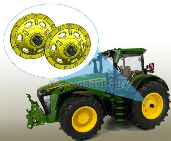 2x Wielkom t.b.v. John Deere 8R Wiking, geleverd incl. steekas uiteinde, John Deere geel &Oslash; 29.7 mm, kunststof geel geprint, 1:32                 