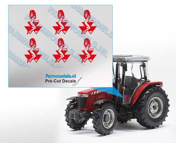 Massey Ferguson logo met vrouw, 6x Rood op transparante folie, 5,3 x 7,5 mm Farmmodels.nl, 1:32