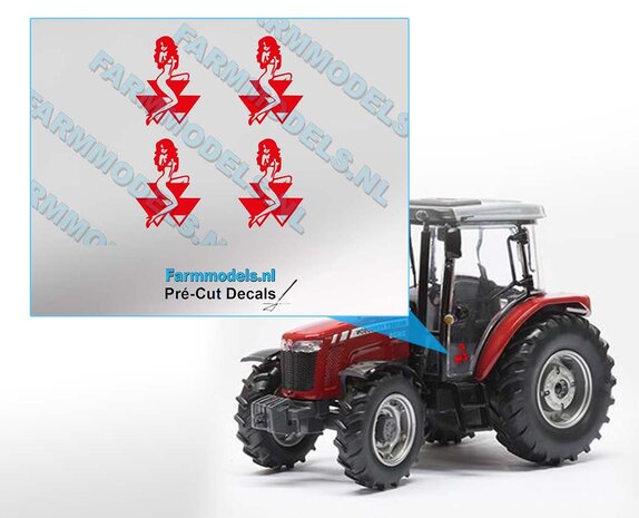 Massey Ferguson logo met vrouw, 4x Rood op transparante folie, 9 x 12,5 mm Farmmodels.nl, 1:32