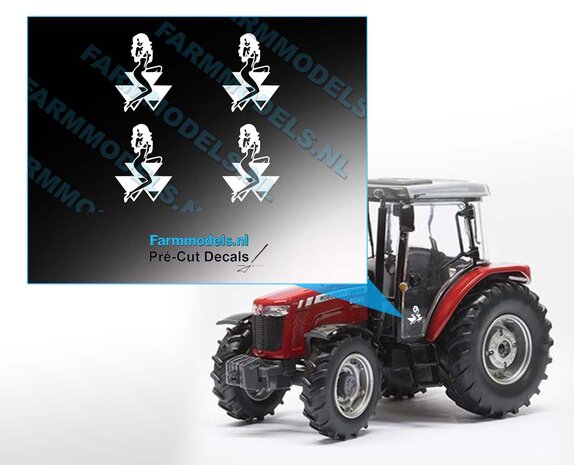 Massey Ferguson logo met vrouw, 4x wit op transparante folie, 9 x 12,5 mm Farmmodels.nl, 1:32