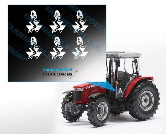 Massey Ferguson logo met vrouw, 6x Wit op transparante folie, 5,3 x 7,5 mm Farmmodels.nl, 1:32