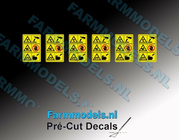 Gevarenstickers - Hand/injury safety sign (o.a. voor JCB)  6 stuks 5,5 x 8,4 mm op gele folie  Pr&eacute;-Cut Decals 1:32 Farmmodels.nl