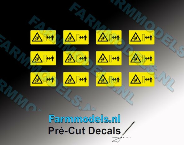Gevarenstickers - Falling/door safety sign (o.a. voor JCB)  12 stuks 6 x 3,3 mm op gele folie  Pr&eacute;-Cut Decals 1:32 Farmmodels.nl
