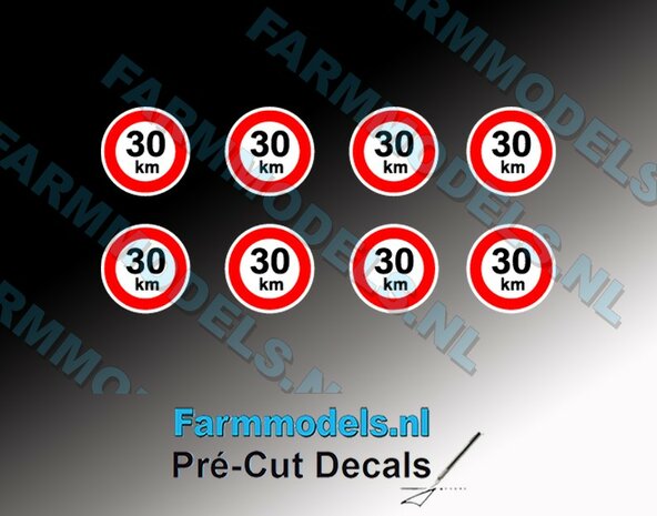 Set van 8 stuks verkeer stickers 30KM &Oslash; 7.6mm Pr&eacute;-Cut Decals 1:32 Farmmodels.nl