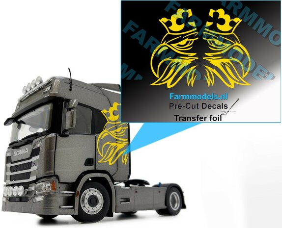 Scania &#039;screaming&#039; Griffioen GELE FOLIE (+Transferfolie), 40x67mm   Pr&eacute;-Cut Decals 1:32 Farmmodels.nl