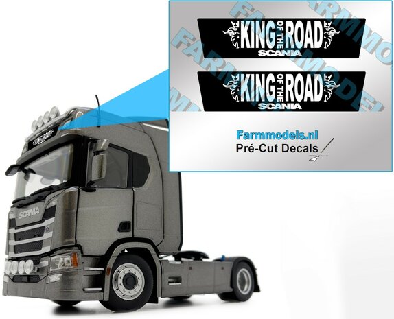 Scania KING-OF-THE-ROAD dakrand sticker WIT op ZWARTE FOLIE, 8x26 mm  Pr&eacute;-Cut Decals 1:32 Farmmodels.nl