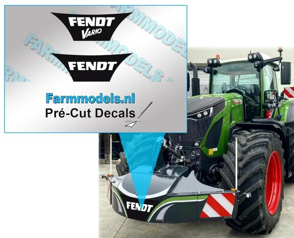 2x  FENDT logo&#039;s tbv UH Safetyweight Artnr 20797 en 20795 op zwarte folie Pr&eacute;-Cut Decals 1:32 Farmmodels.nl